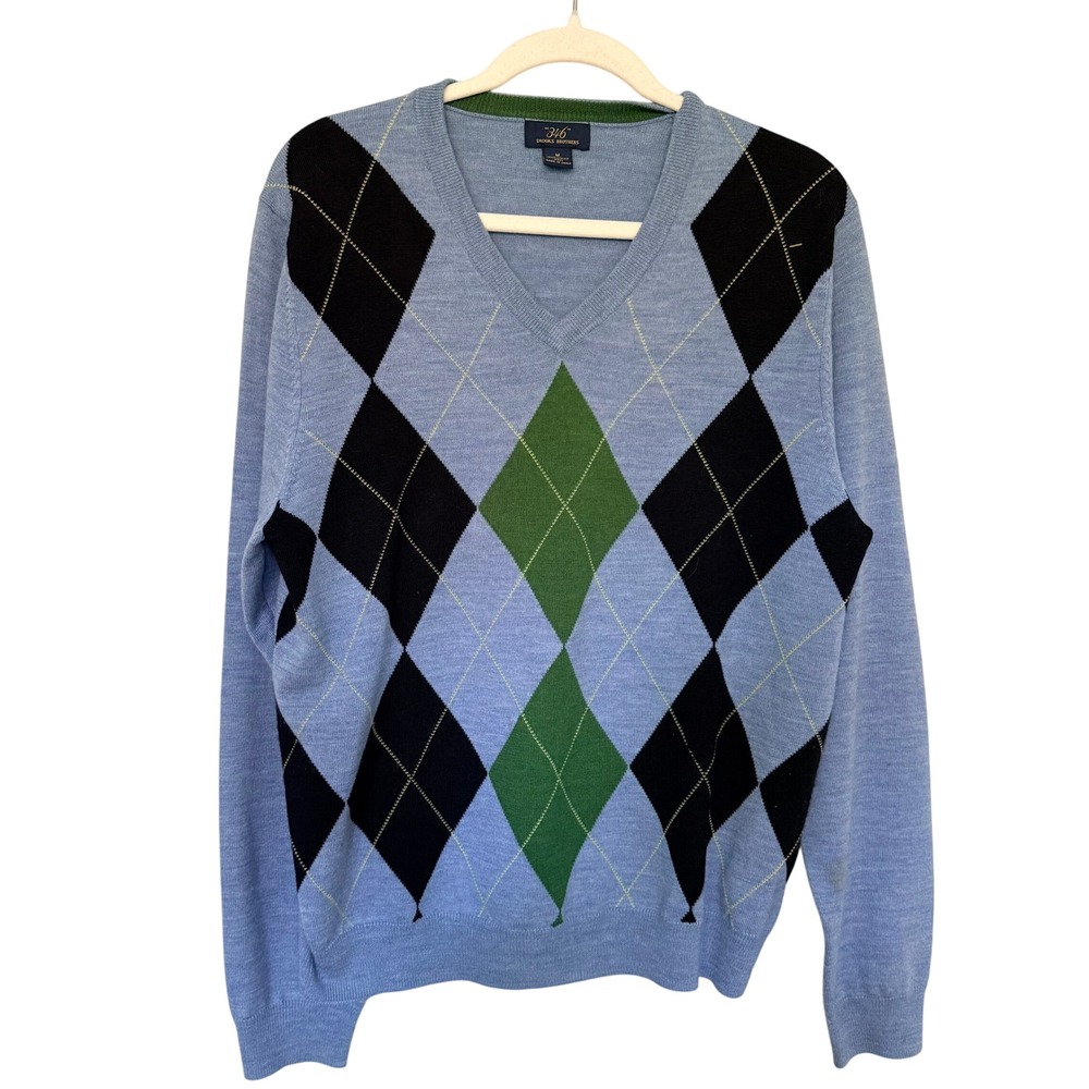 Brooks Brothers 346 Men M Merino Wool Argyle V Neck S Academia Preppy Classic